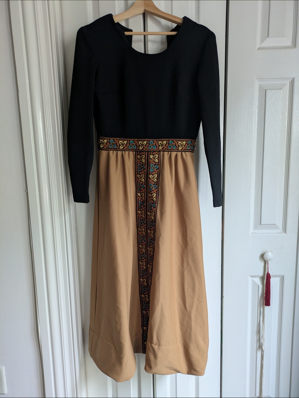 Vintage Black and Camel Long Sleeve Dress with Embroidered Waist Detail